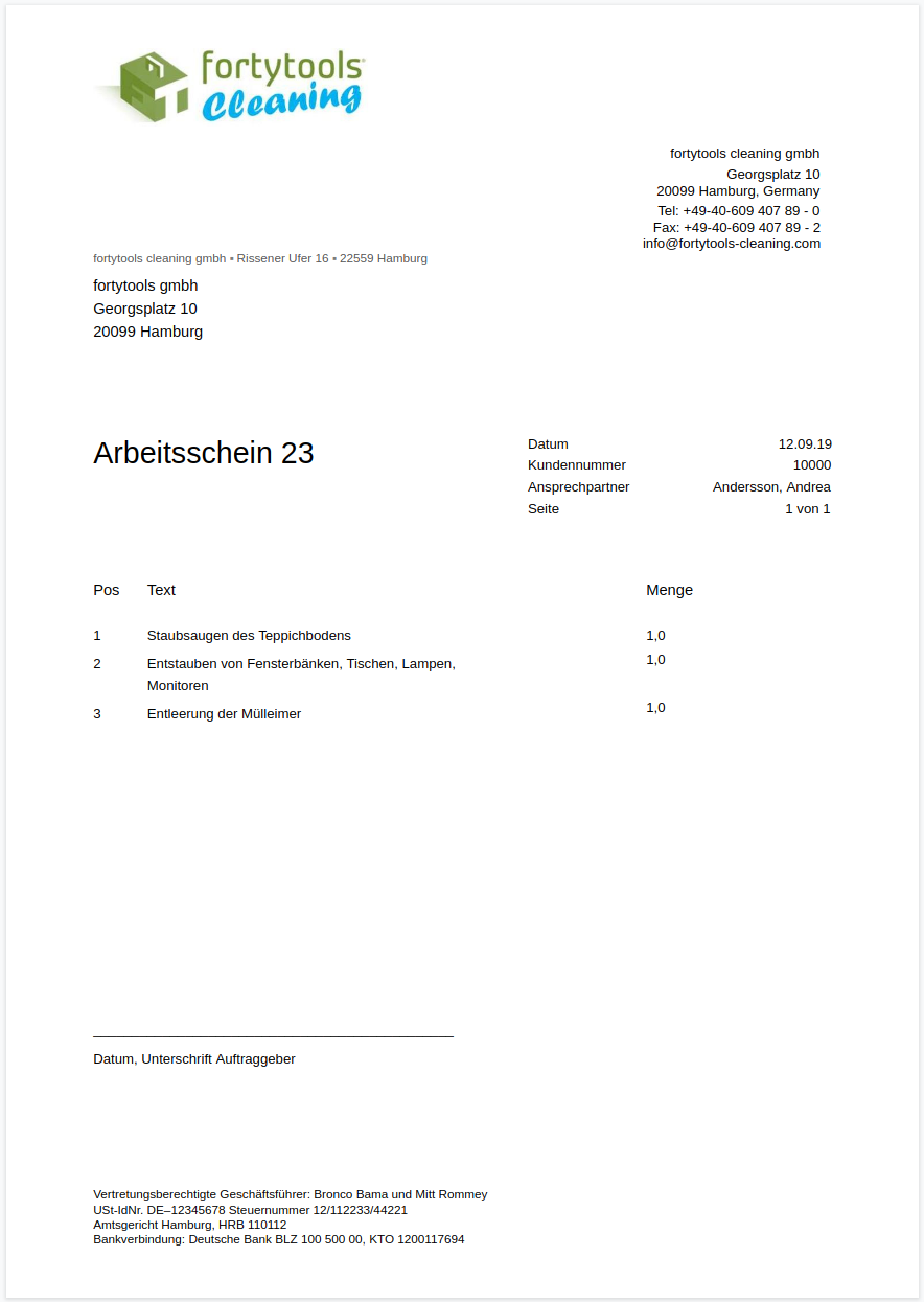 Vorlage für Arbeitsscheine und Musterarbeitsschein für Gebäudereiniger